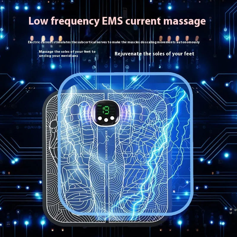 Blue USB rechargeable foot reflexology massage mat with remote control and adjustable intensity settings