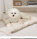 Tied cage cushion pet nest in beige, coffee or orange colours showing four size options for small dogs and cats