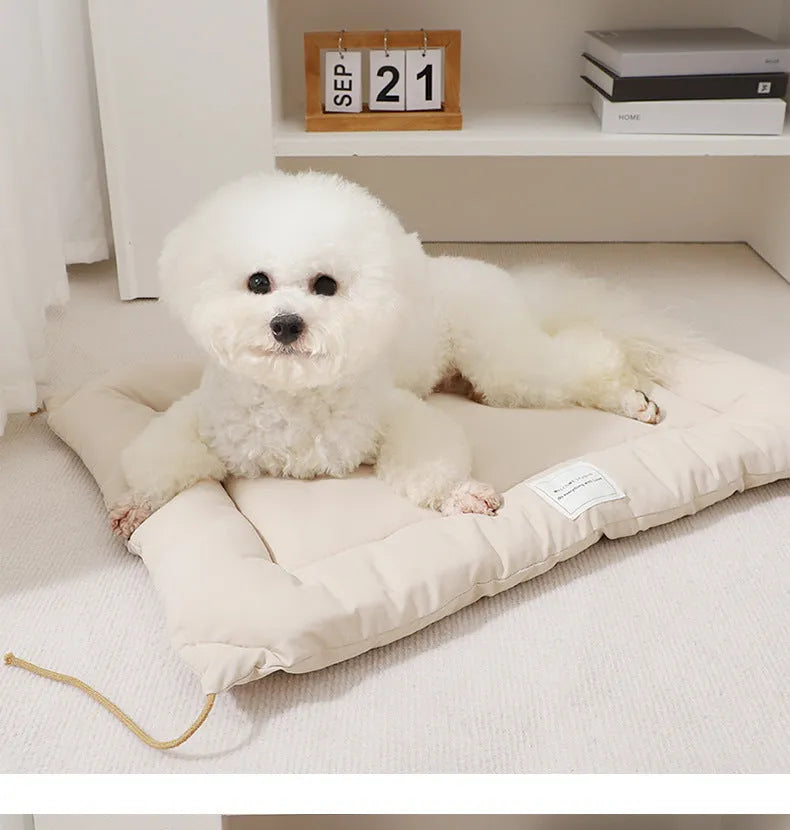 Tied cage cushion pet nest in beige, coffee or orange colours showing four size options for small dogs and cats