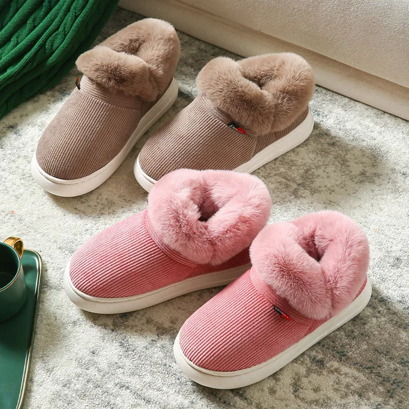 Plush corduroy house slippers for men and women with warm fleece lining and PVC sole, in Coffee, Grey, Pink, or Purple