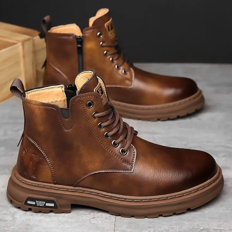Men's black Martin boots with thick flat rubber sole and front lace-up closure
