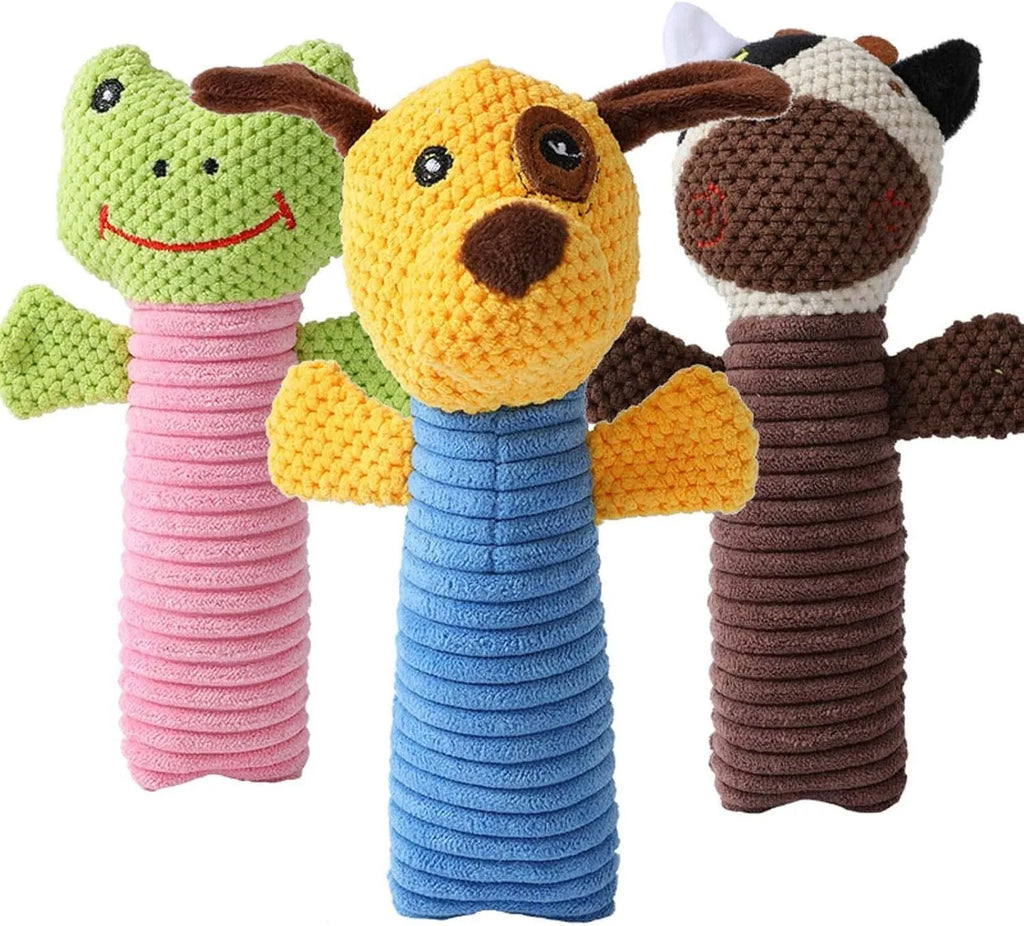 Squeaky stuffed animal dog chew toy in calves, frogs or puppies design, 19cm length