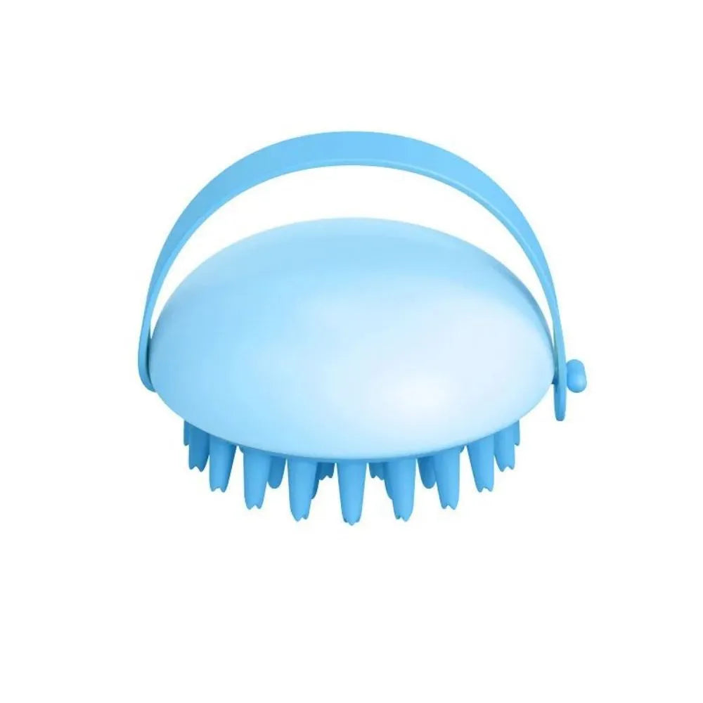 Silicone pet bathing brush with massage nubs for cats and dogs in blue, pink, white, or yellow options