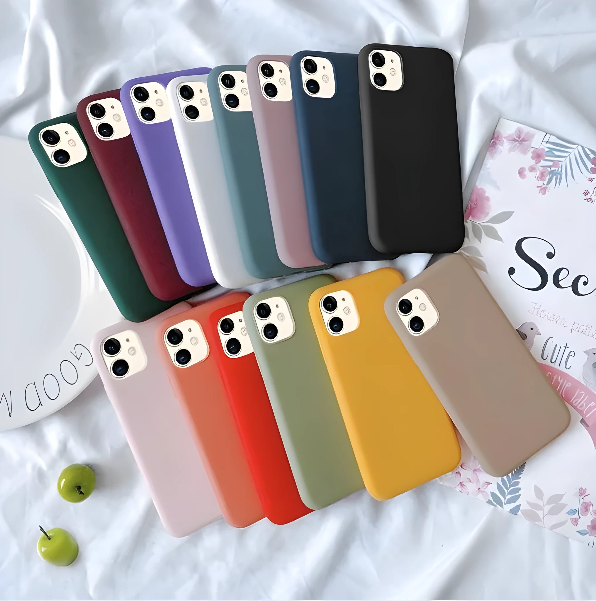 Matte frosted soft phone case for Apple iPhone, shown in multiple colour options.
