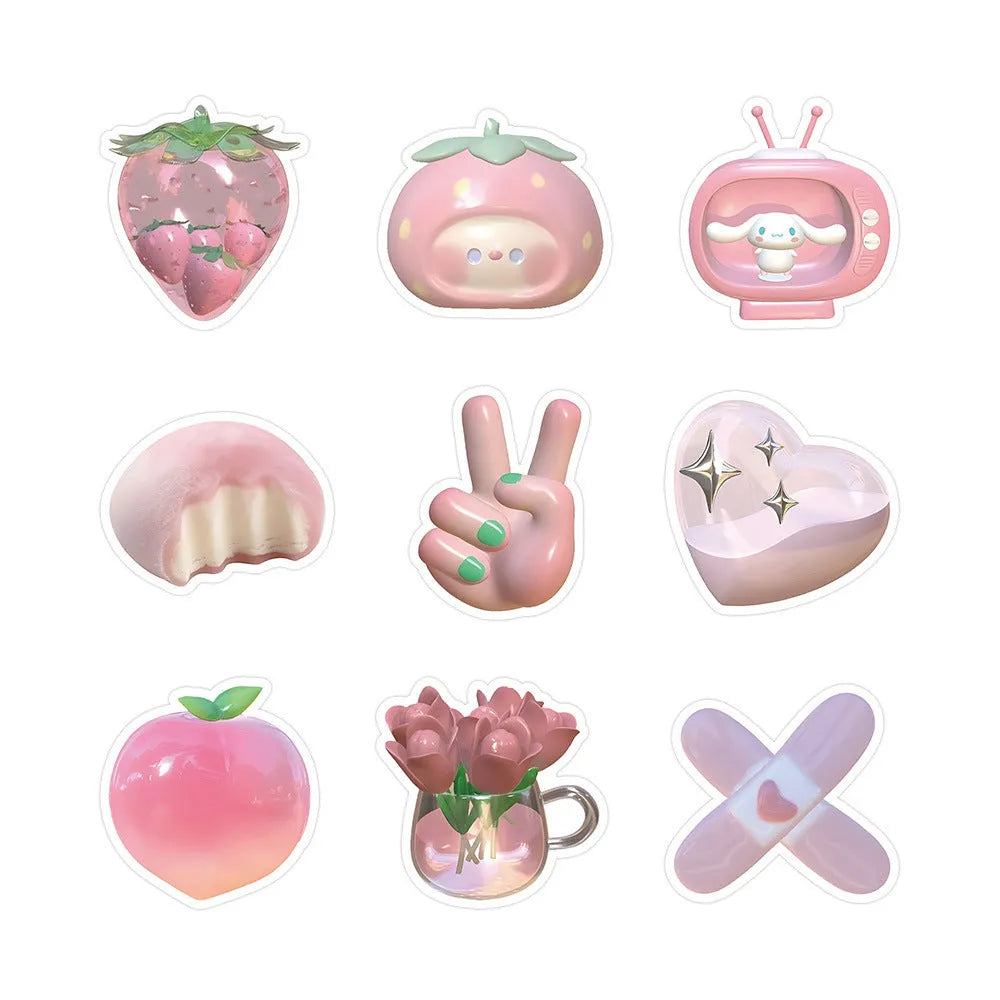 Pack of 63 cute pink girl heart 3D decorative stickers with two pattern options on a white background.