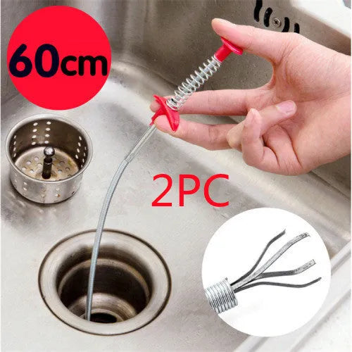 Flexible drain cleaning spring tool with gripped handle for removing hair from pipes