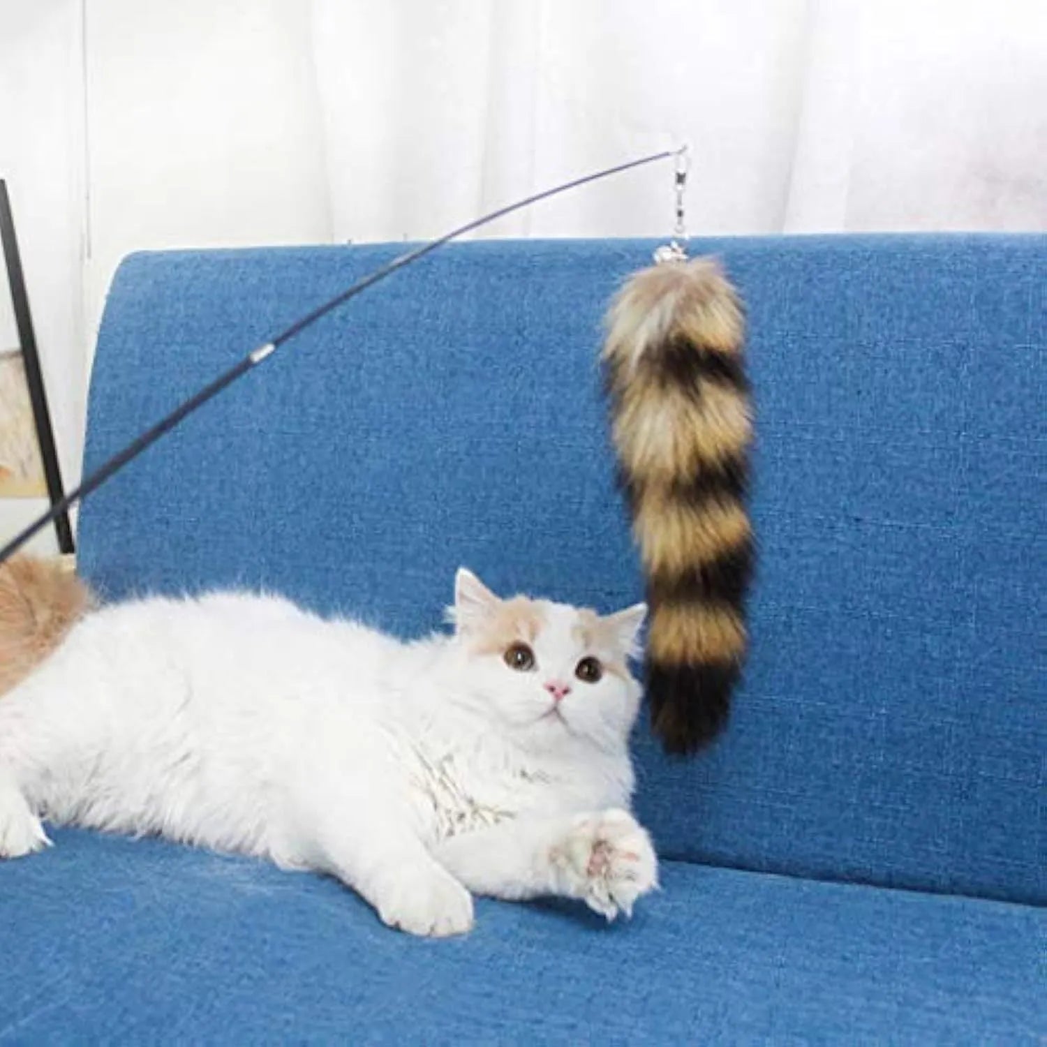 Black cat toy wand with elastic string measuring 42 metres for interactive play
