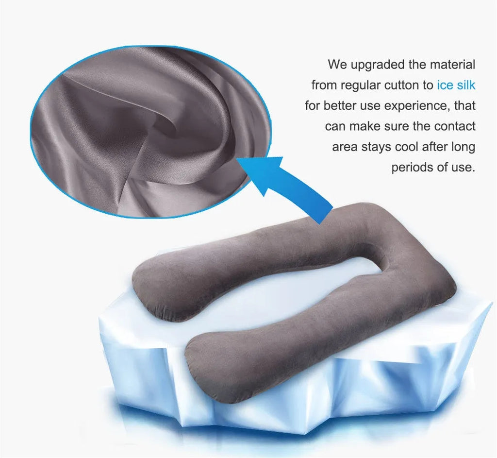 U-shaped maternity pillow with ice silk cover in green colour showing curved design for pregnancy support