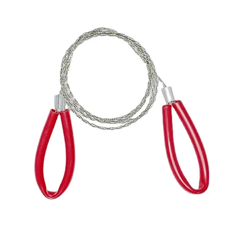 A black or red coiled stainless steel wire survival saw with a total length of 70cm.