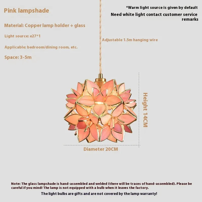 Stained glass hanging line chandelier with copper lamp head in a choice of light colours.