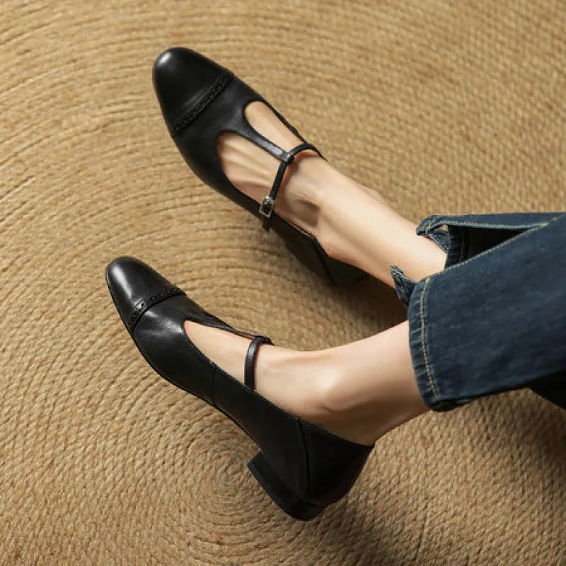 Women's T-shaped buckle cowhide round toe wedge flats in solid colour, high mouth design, brown colour option