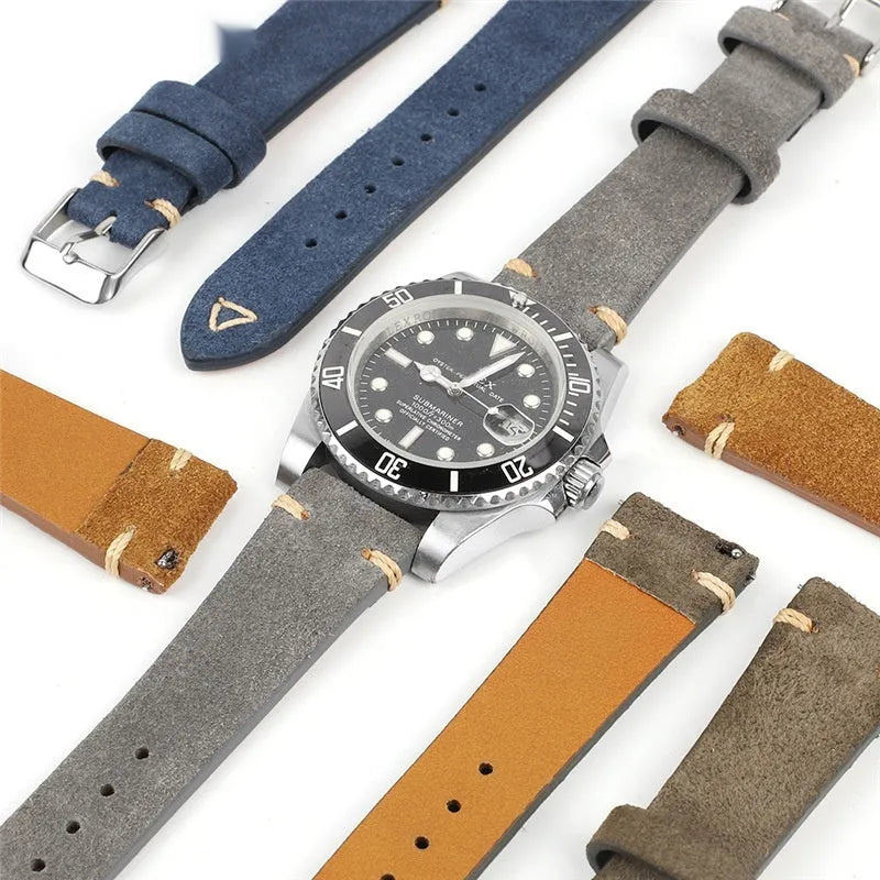 Brown suede genuine leather watch strap with ethnic style design.