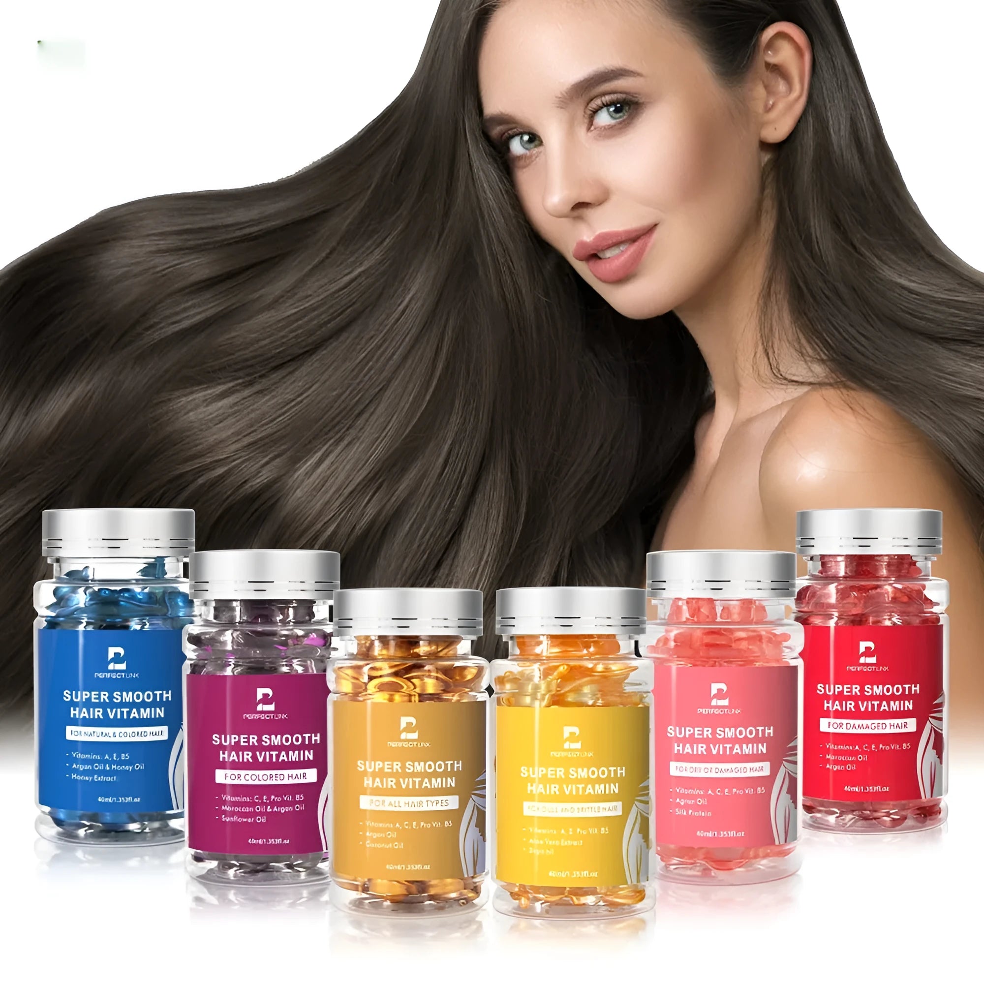 Hair care essential oil in 40ml plastic bottle with red, purple, gold, blue, yellow, pink colour options