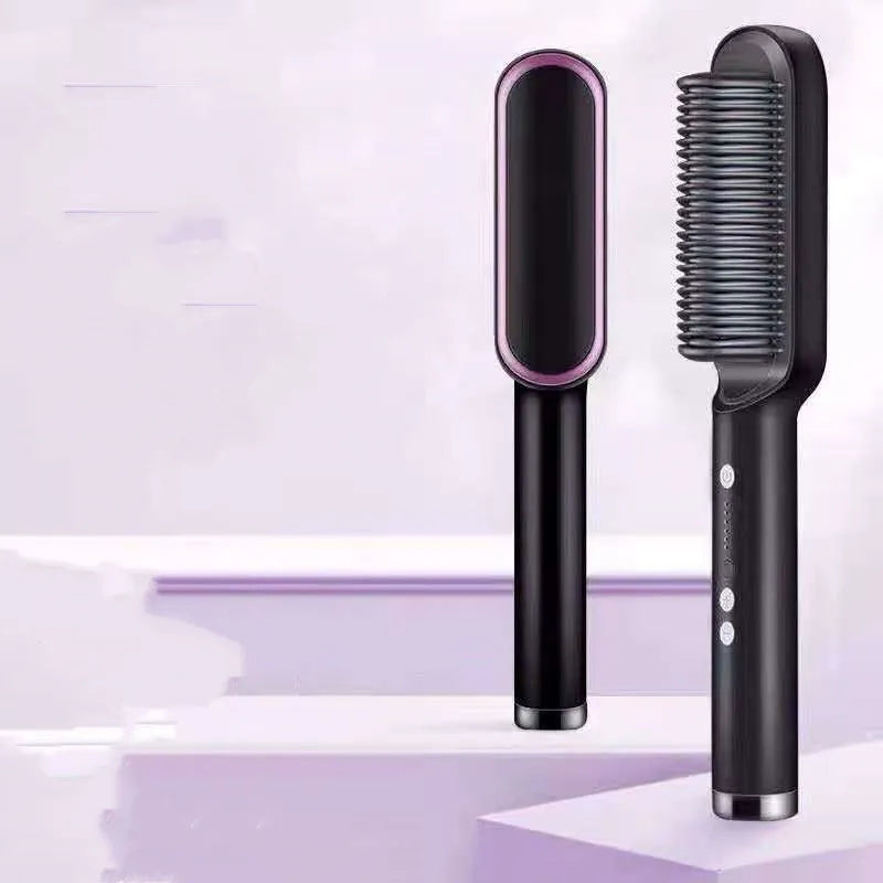 Red and black dual hair straightener and hot comb with digital display and rotating power cord.