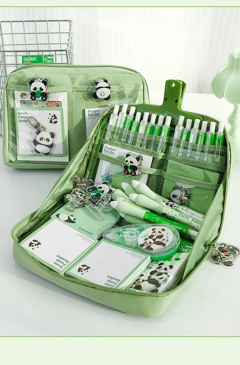 Green panda-themed pencil case with twelve compartments for stationery organisation