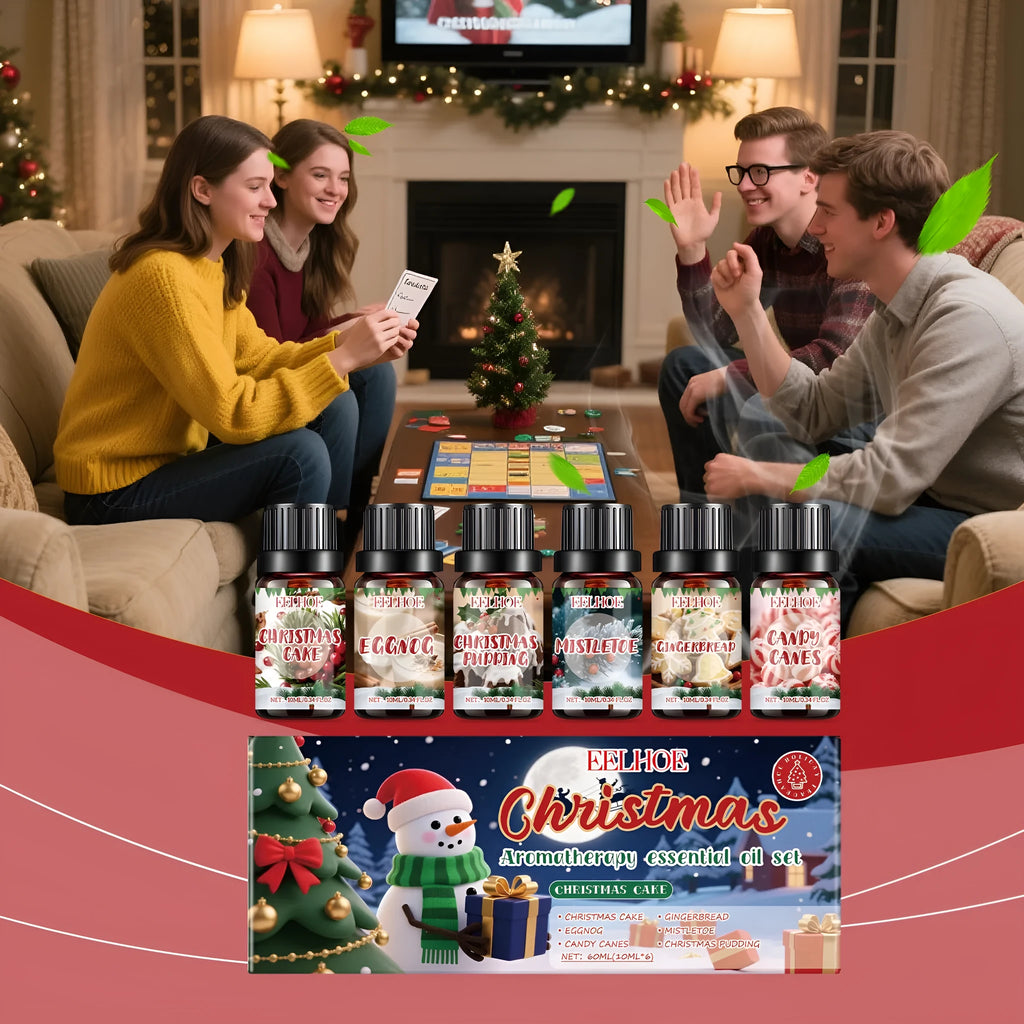 Six-bottle Christmas aromatherapy oil set with warm scent for home diffusers.