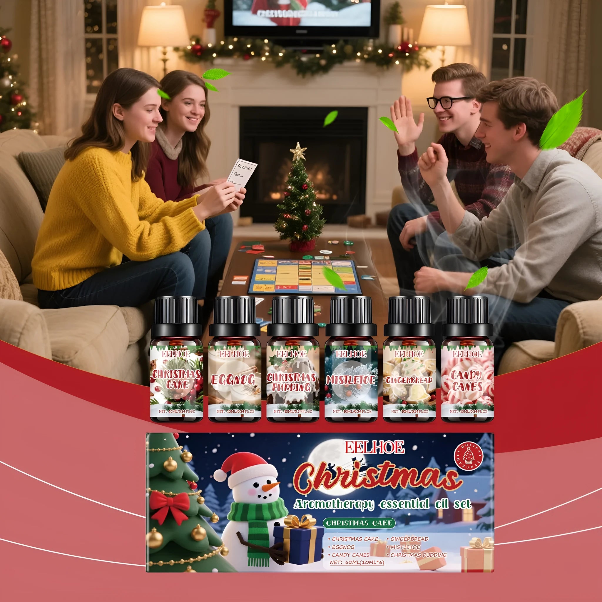 Six-bottle Christmas aromatherapy oil set with warm scent for home diffusers.