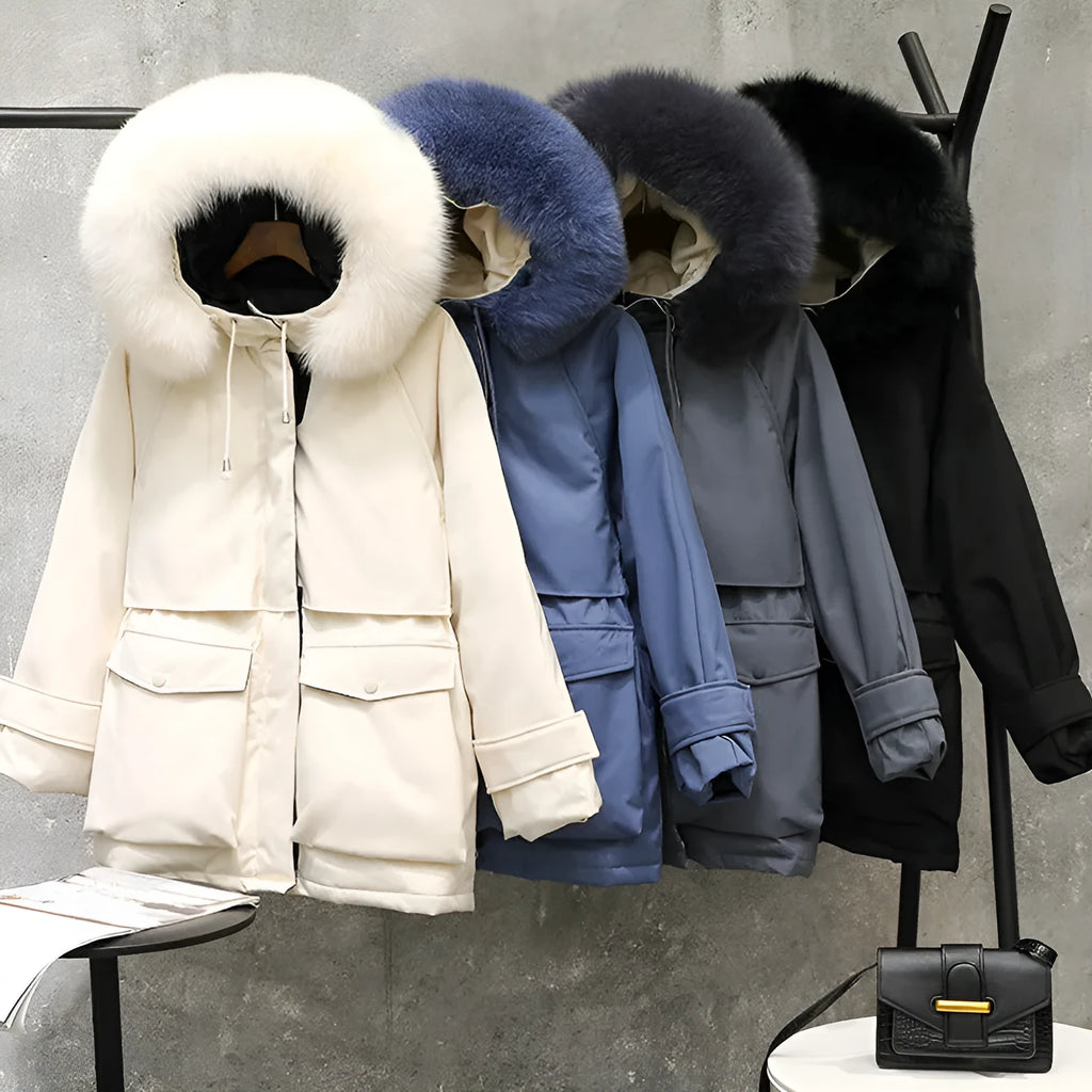 Fur collar down jacket with white duck down filling, hood, slim fit, available in five colours
