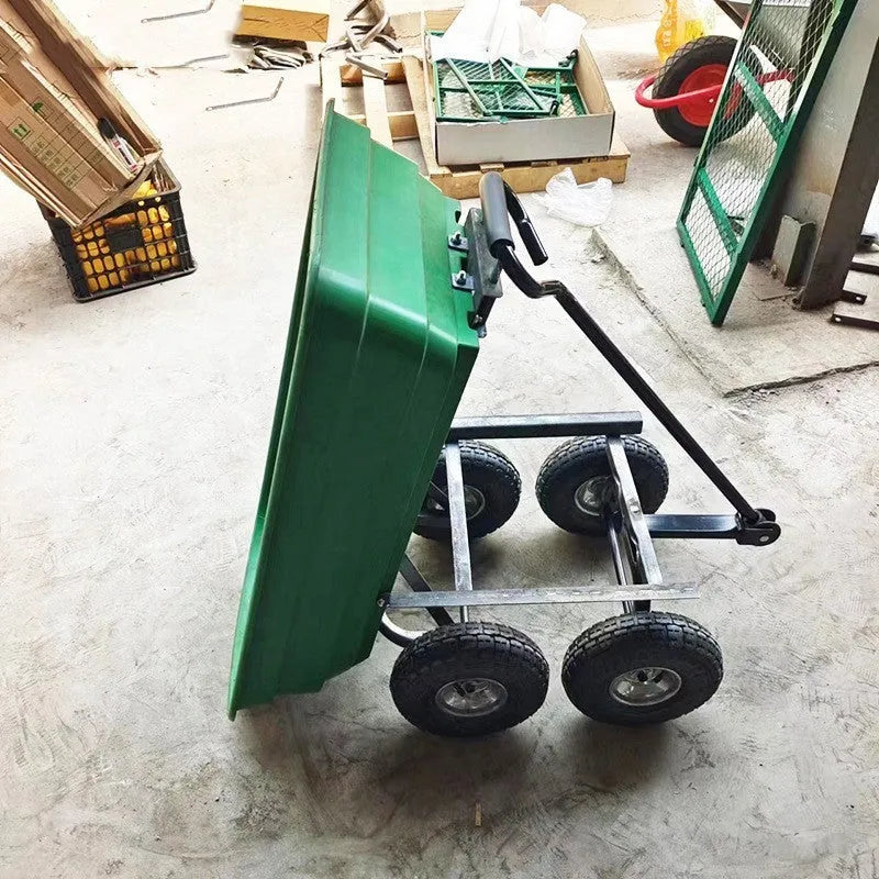 Green four-wheel plastic dump truck with a steel PP body and a tipping load bed.