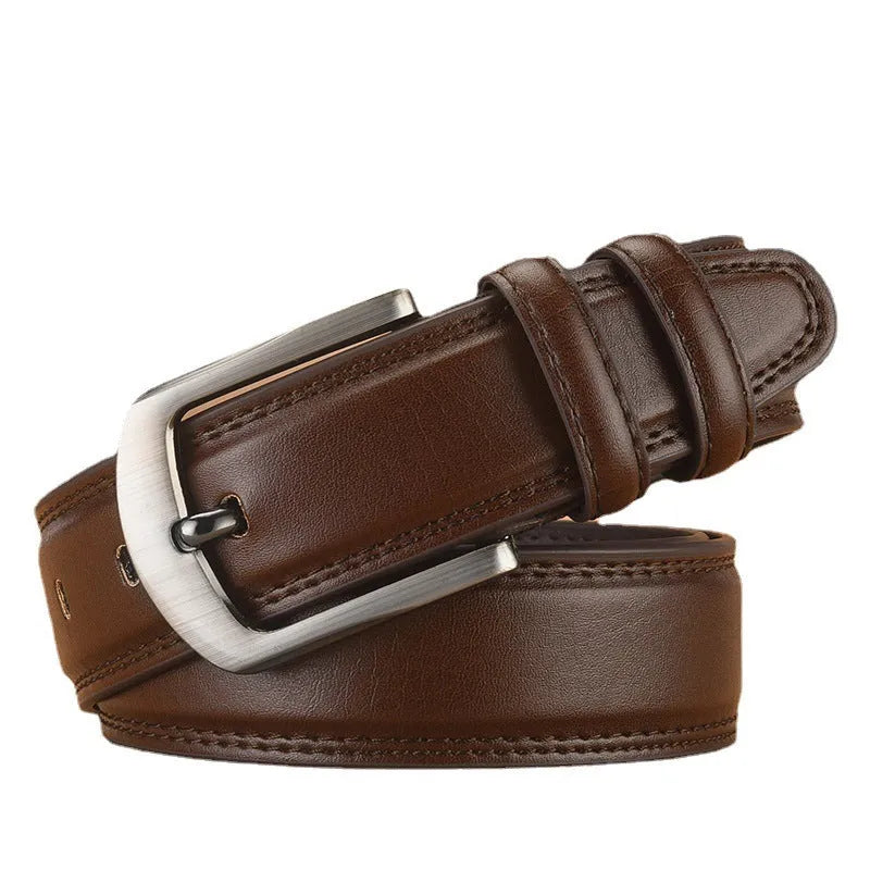 Men's genuine two-layer cowhide pin buckle belt with alloy buckle, in black, brown or orange, 110-125cm.