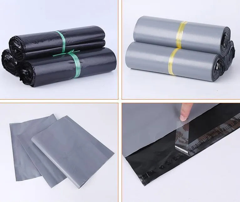 Clear plastic PE clothing courier bag with red sticker closure, showing size options.