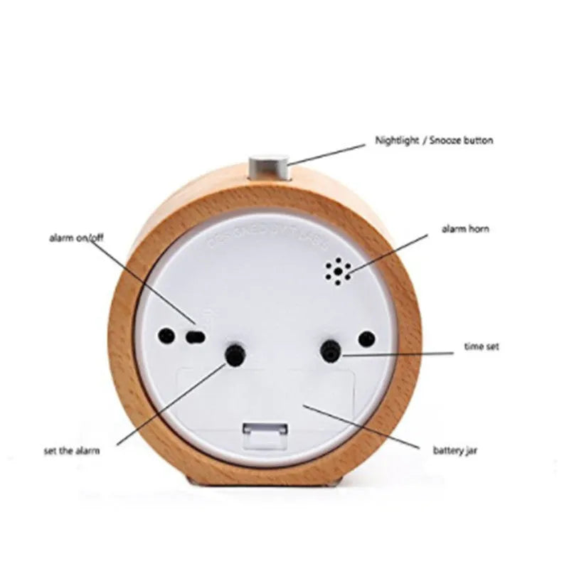 Square beech wood alarm clock with glass mirror and PVC dial, 9.5cm bedside timepiece
