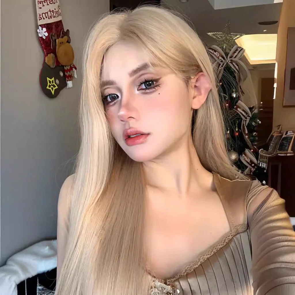 Long straight grey gold wig for women with milk tea blonde colour and included hairnet