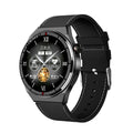 Black and silver smartwatch with a 1.28-inch screen on a silicone strap, showing heart rate and call functions.