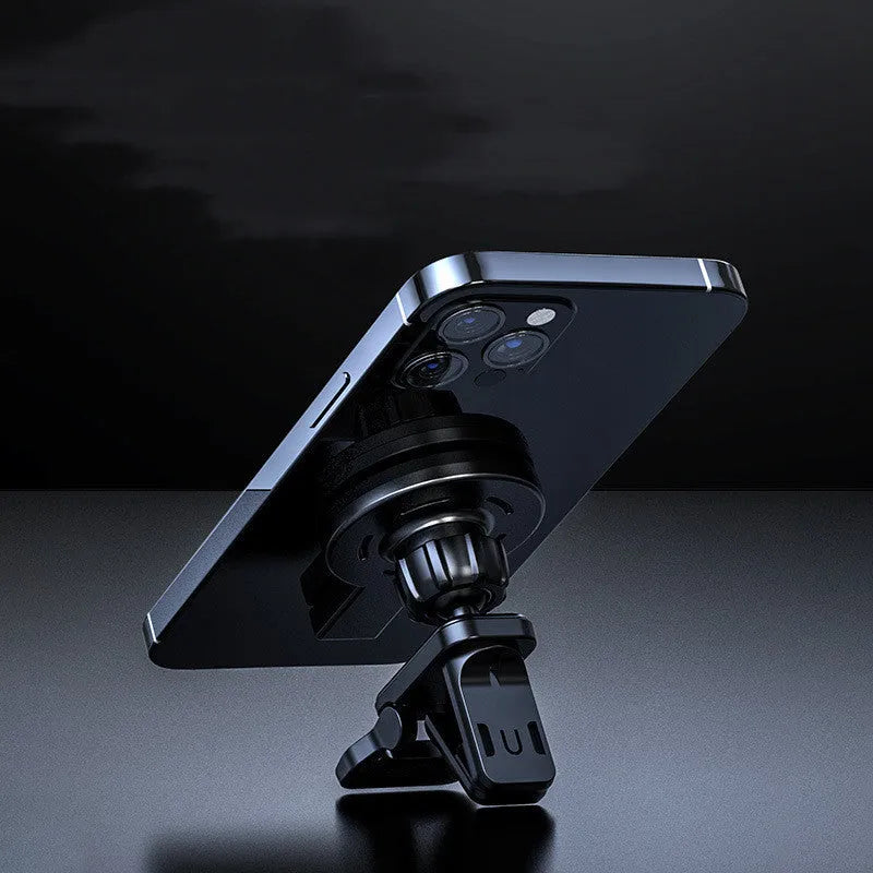 Black and white magnetic wireless charger for mobile phones with compact size.