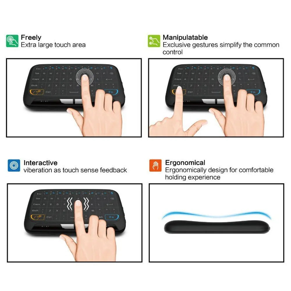 Mini H18 wireless keyboard with touchpad and 2.4GHz USB dongle in black
