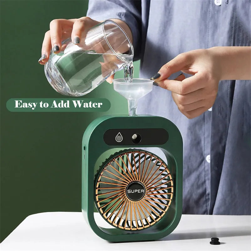 Green and white USB portable desk misting fan with humidifier function and adjustable wind direction