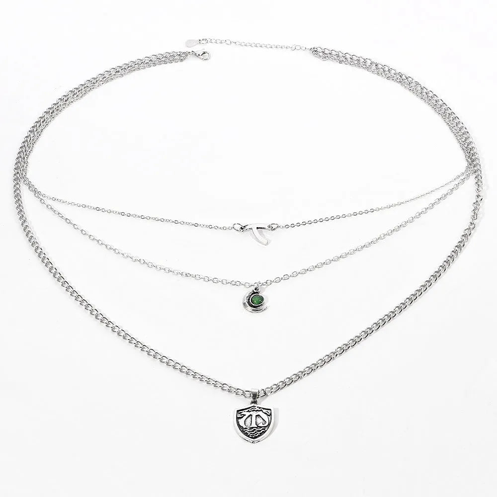Silver electroplated alloy multilayer short necklace with Seven Deadly Sins pendant and water wave chain