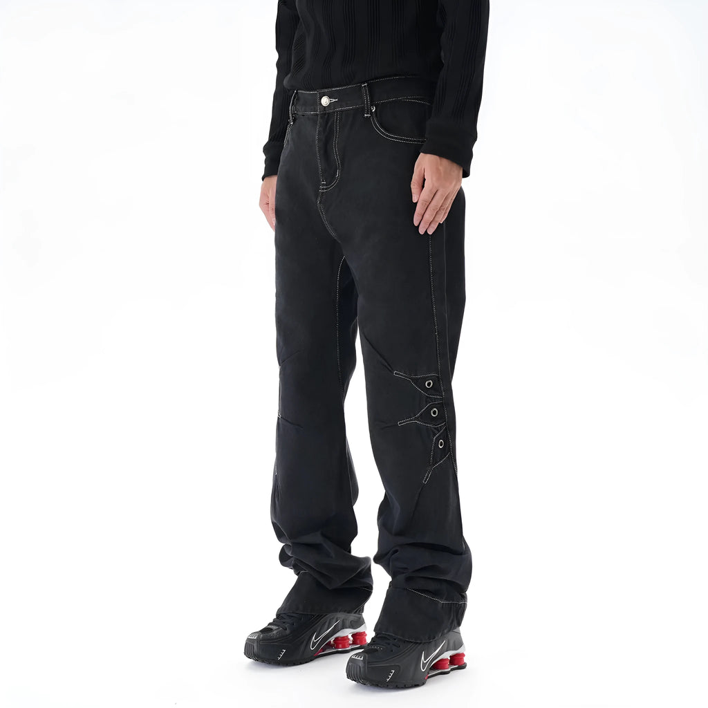 Contrast colour loose machete jeans men black denim wide leg trousers with zip fly