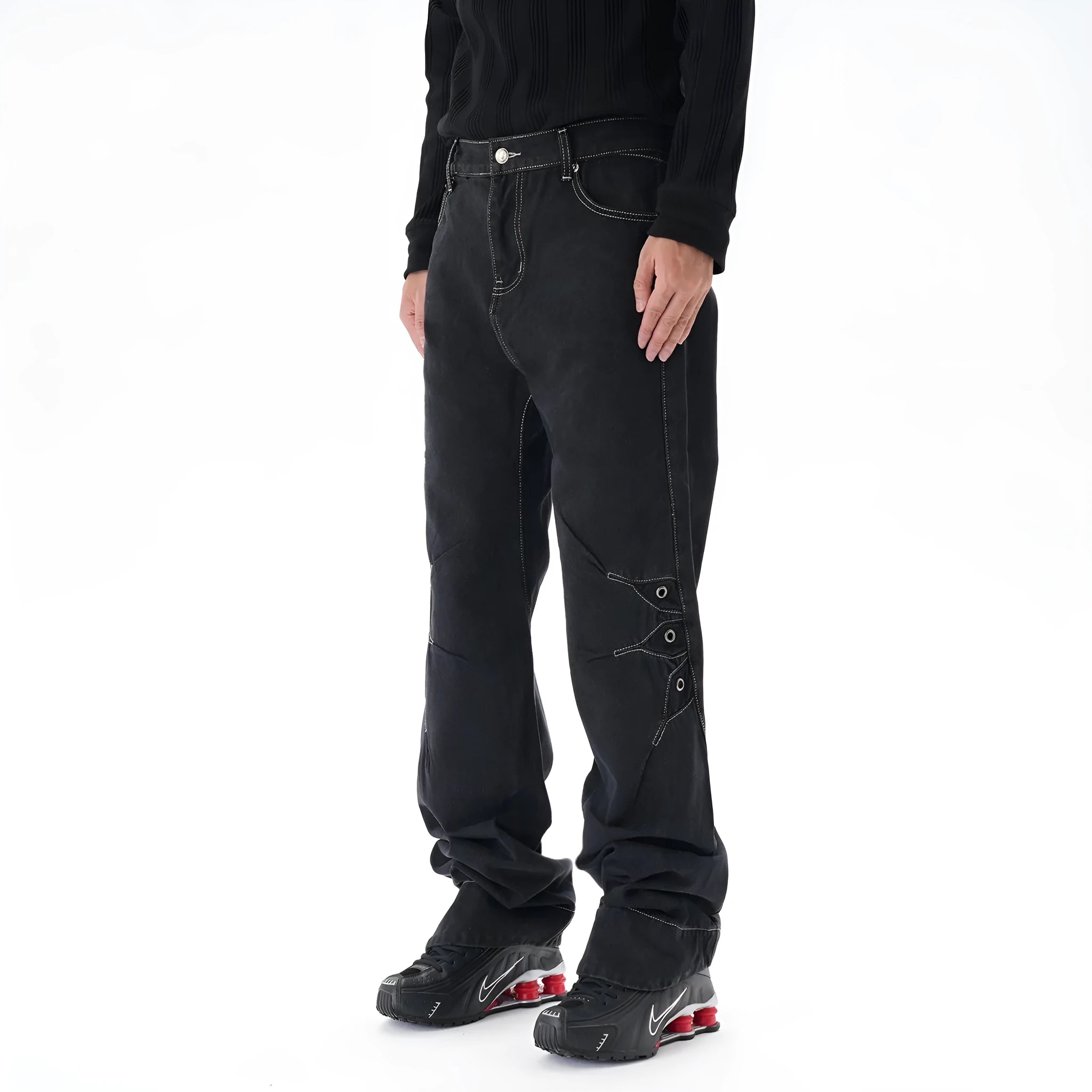 Contrast colour loose machete jeans men black denim wide leg trousers with zip fly