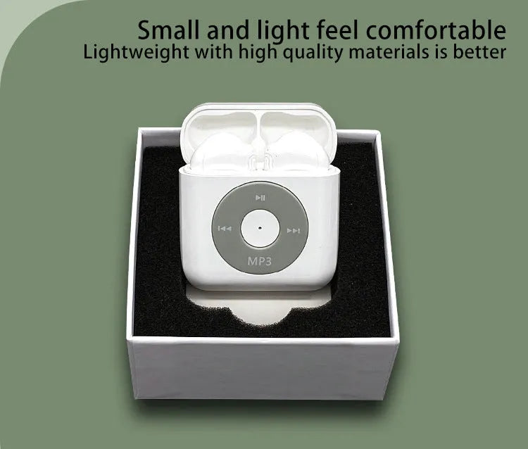 White wireless Bluetooth earphones with semi-in-ear design and a matching white charging case with 32GB storage.