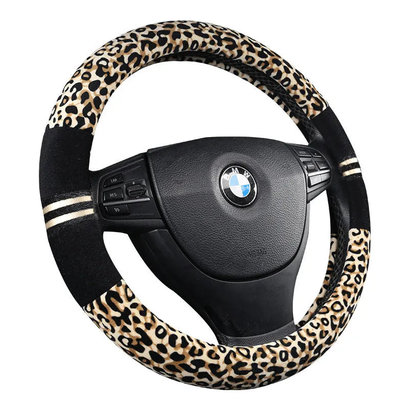 Plush car steering wheel cover with leopard grain pattern in beige, for GM models, 38cm diameter