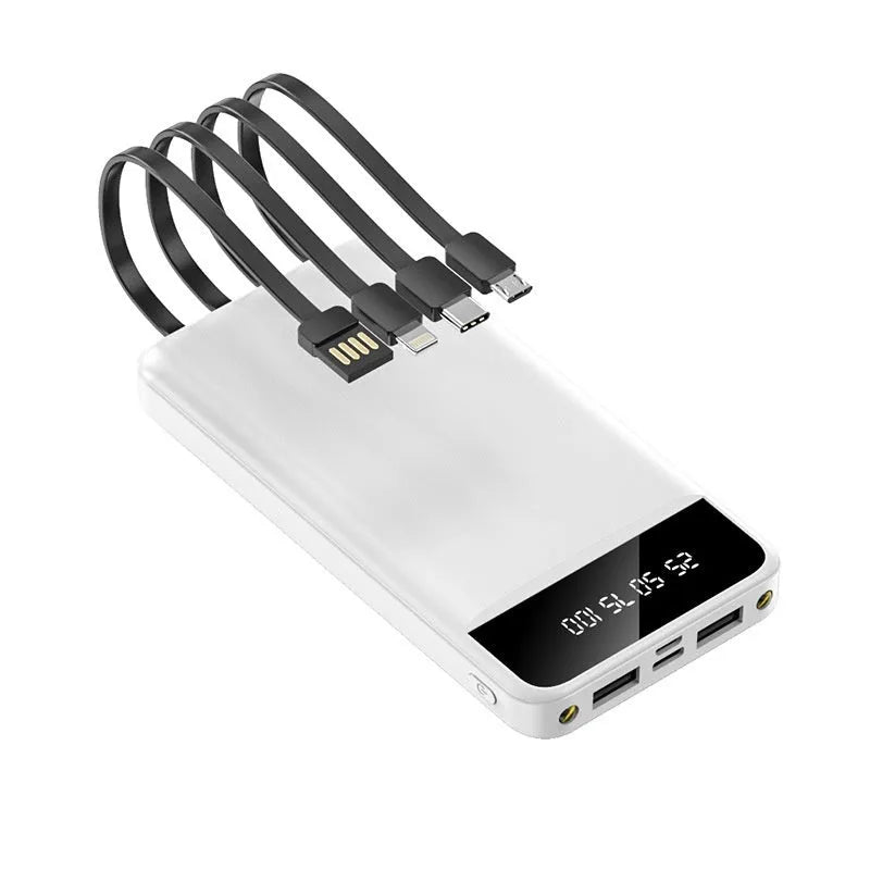 20000mAh black plastic power bank with integrated charging cable shown next to a mobile phone