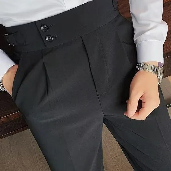 Retro high waist straight leg casual trousers in a cotton blend fabric, shown in a neutral colour.