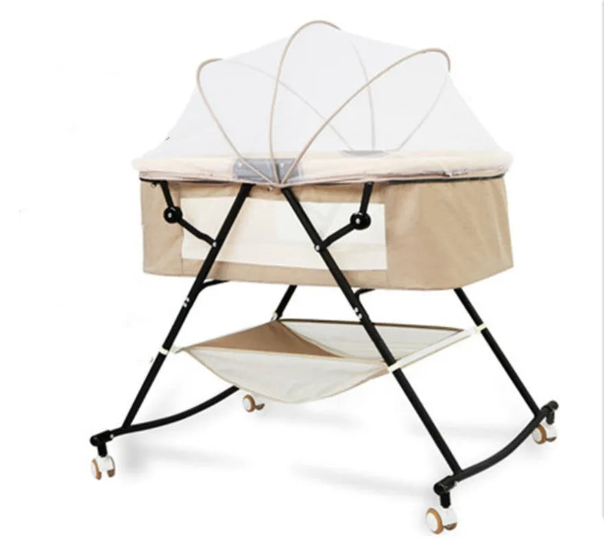 Foldable European style newborn crib with iron frame, shaker, roller, and mosquito net in a nursery setting