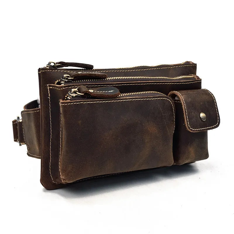 Men's genuine cowhide leather crossbody chest bag with multiple zipper pockets in brown