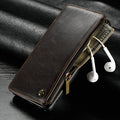 Black PU leather flip phone case open and closed, showing fit for Samsung Note9.