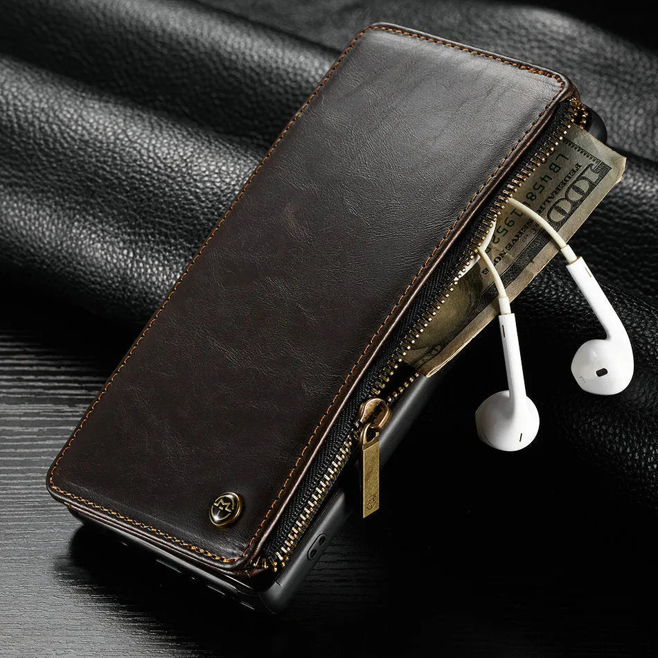 Black PU leather flip phone case open and closed, showing fit for Samsung Note9.