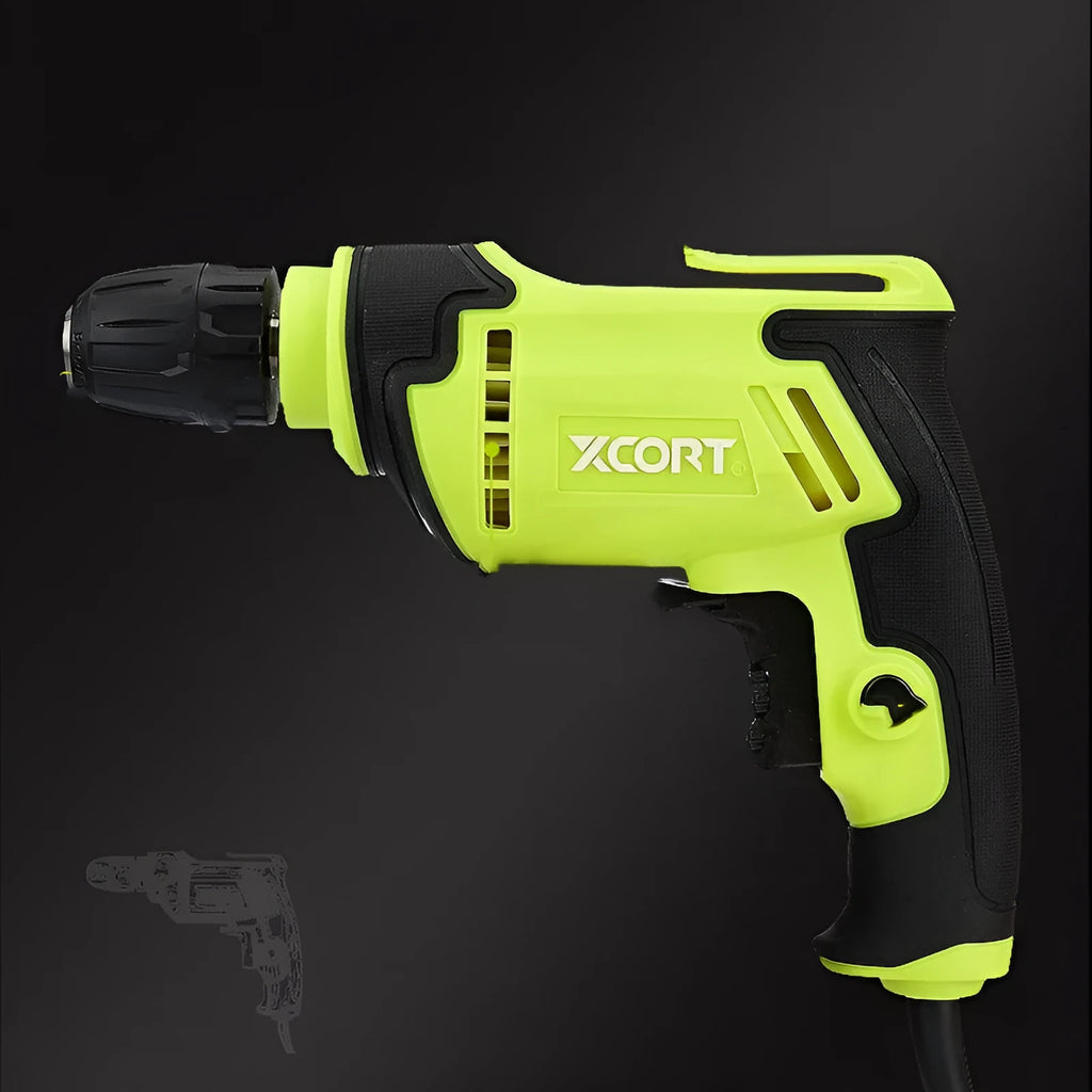 Pistol grip electric drill with a 10mm chuck on a workbench.