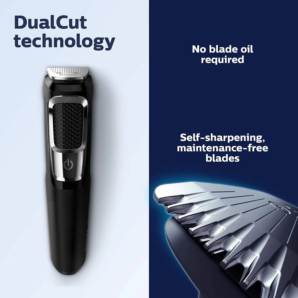Multifunctional nose and beard hair trimmer with cleaning brush on a white background.
