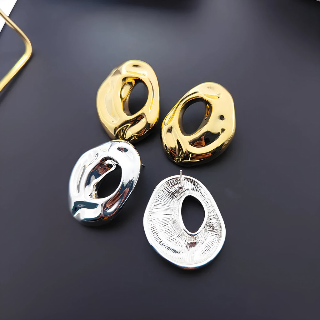 Retro metal geometric irregular ring ear studs in gold and silver for women