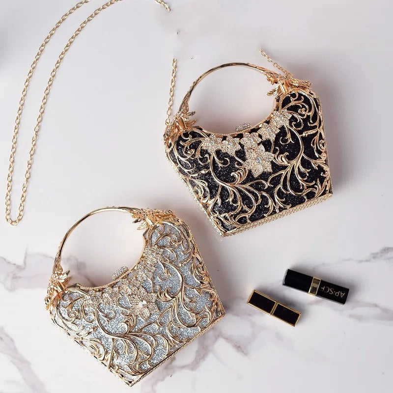 Hollow out shiny party clutch bag in hard PU, bucket shape, available in silver, black, purplish red, pink, gold