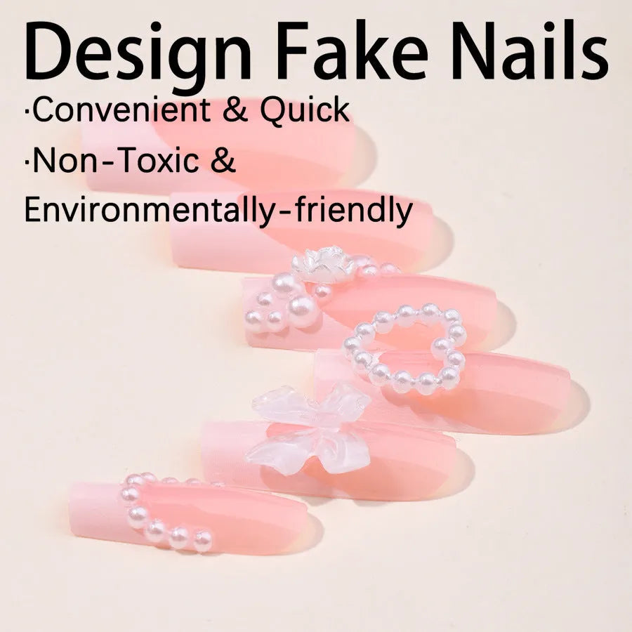 French Love Pearl fake nail stickers in colour XD93 with love pattern, shown with jelly glue and polish rub cloth.