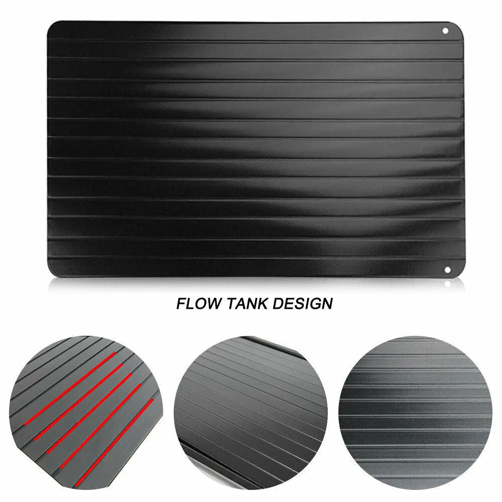 Black rectangular aluminium fast defrost tray for thawing frozen meat and fish