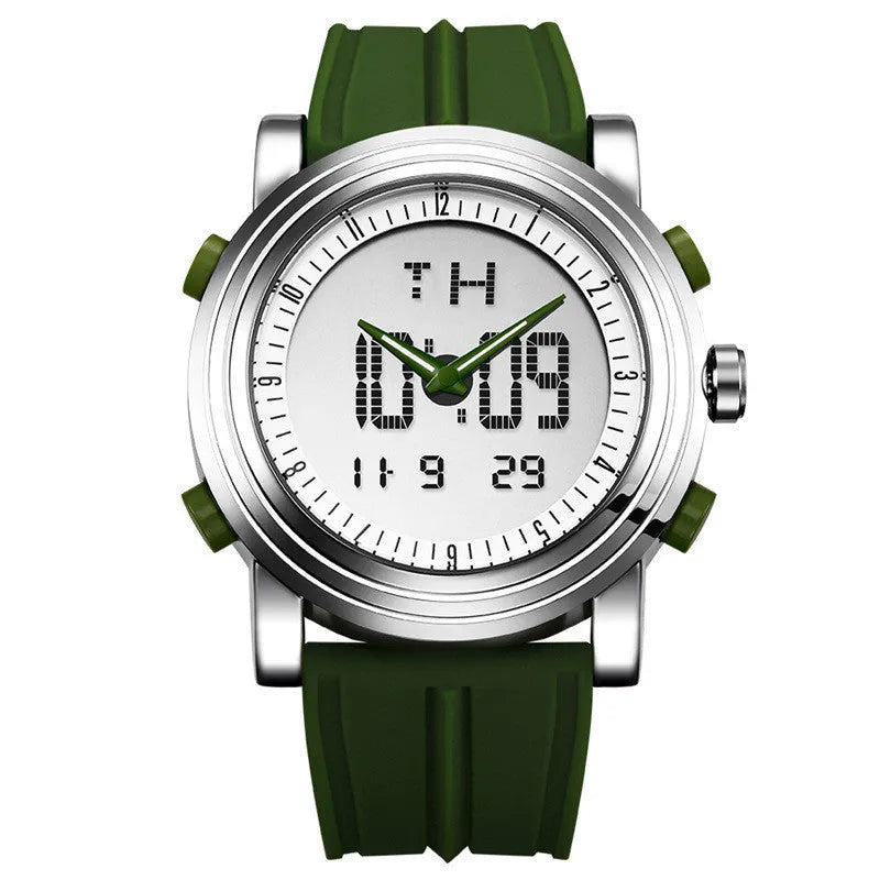 Black double display luminous electronic watch showing analogue hands and digital numbers on a 47 mm dial.