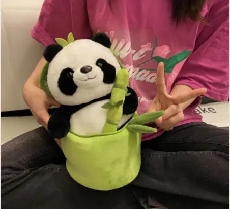 Simulated bamboo tube panda plush doll with PP cotton filling in 25cm height